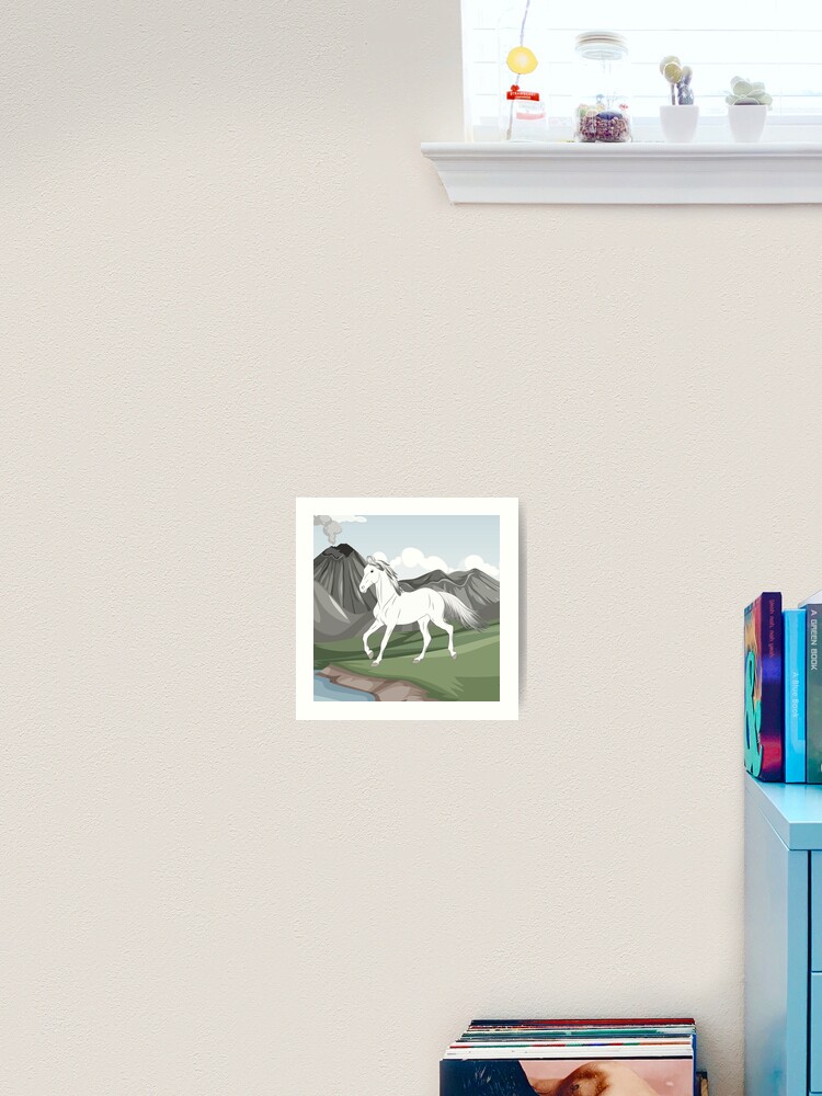 Aperçu 1 sur 3. Impression artistique avec l'œuvre Cheval Baloutche, cheval blanc sur un fond de paysage, cheval de selle, races de chevaux du Pakistan créée et vendue par WebEquitation.