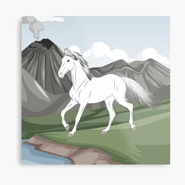 Aperçu de l'œuvre Cheval Baloutche, cheval blanc sur un fond de paysage, cheval de selle, races de chevaux du Pakistan créée et vendue par WebEquitation®.