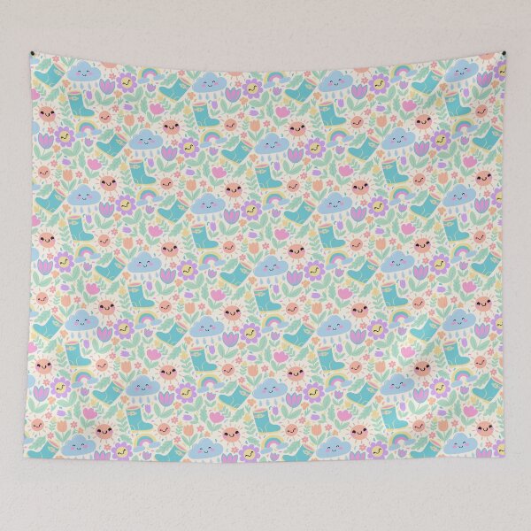 Item preview, Cute Spring Pattern with Kawaii Clouds, Sun, Flowers, and Rainboots designed and sold by DaisyLaneCo94.