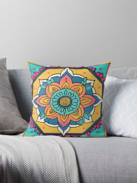Orange & Blue Mandela Pattern Designs Throw Pillow