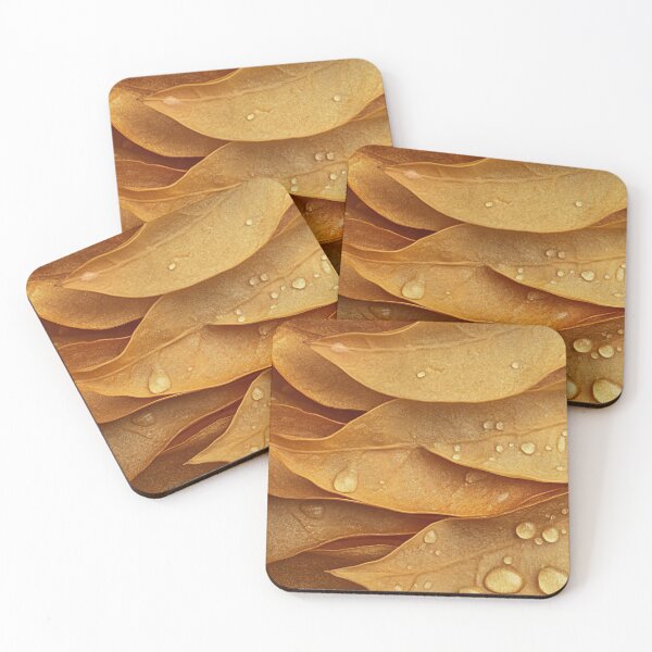 Item preview, Close-up of golden leaves with water droplets, creating a textured and natural composition in soft lighting designed and sold by anytka.