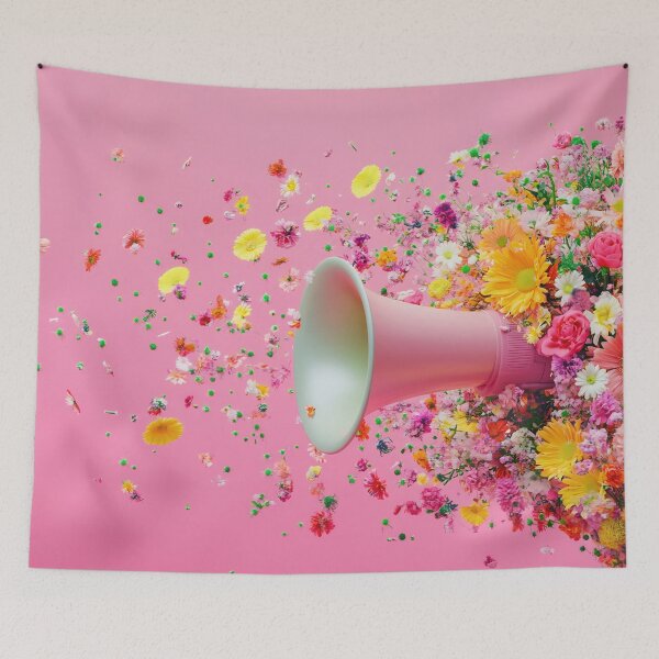 Item preview, A colorful explosion of flowers flows from a megaphone against a pink background, symbolizing creativity and expression in a unique way. designed and sold by anytka.