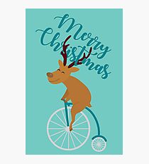 Mr Reindeer having Fun with his Penny-farthing Bicycle Christmas Photographic Print