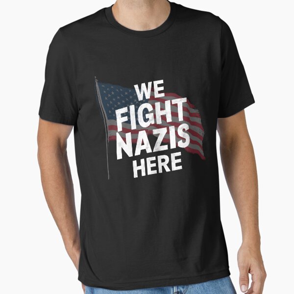 Vista previa del artículo con la obra «Luchamos contra los nazis aquí en Estados Unidos», diseñado y vendido por PlanetMarker.