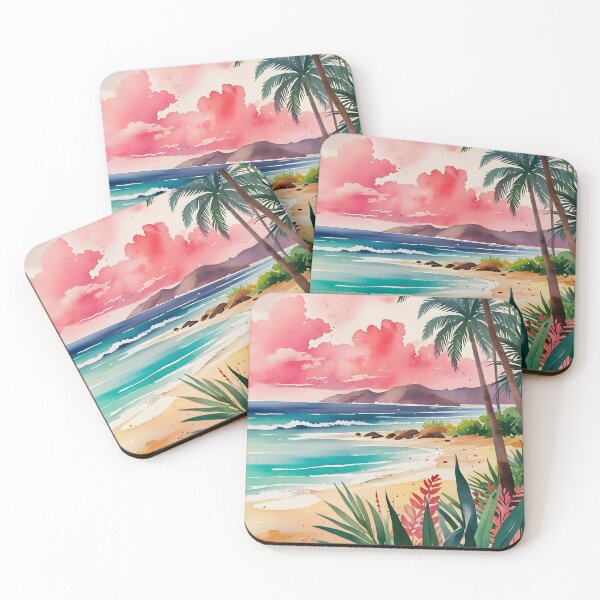 Item preview, Sandy Toes, Sunset Waves & Tropical Greens, Island Paradise in Watercolor, Vibrant Sunset Over the Shore designed and sold by Kintsugi99.