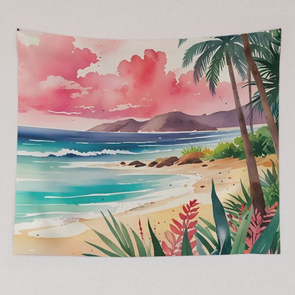 Item preview, Sandy Toes, Sunset Waves & Tropical Greens, Island Paradise in Watercolor, Vibrant Sunset Over the Shore designed and sold by Kintsugi99.