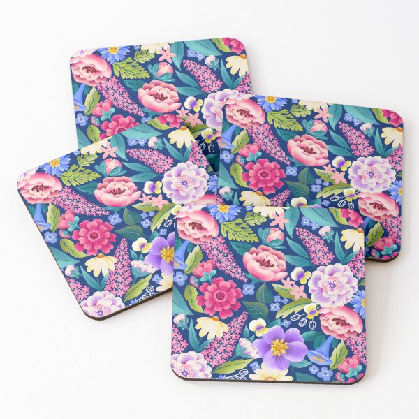 Item preview, Bright happy floral with tightly packed flowers on dark blue med designed and sold by ArtOfSmallJoys.