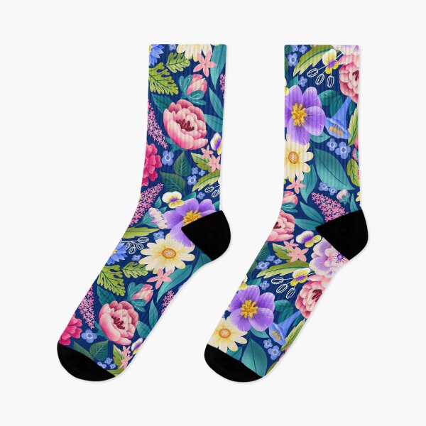 Item preview, Bright happy floral with tightly packed flowers on dark blue med designed and sold by ArtOfSmallJoys.