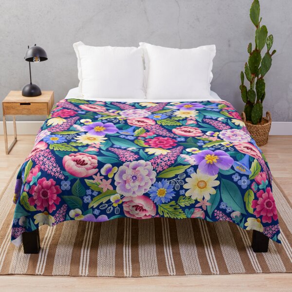 Item preview, Bright happy floral with tightly packed flowers on dark blue med designed and sold by ArtOfSmallJoys.