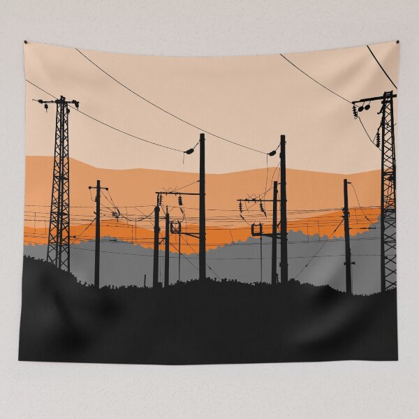 Item preview, High voltage power lines, electricity towers and pylons black silhouettes on sunset designed and sold by Familyshmot.