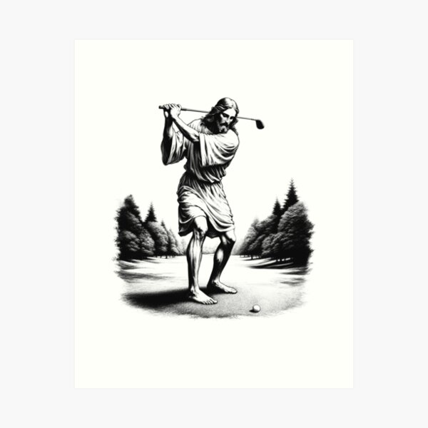 Aperçu de l'œuvre Jésus jouant au golf, golfeur chrétien rétro vintage des années 90 créée et vendue par Kimberley King Art  King Art.