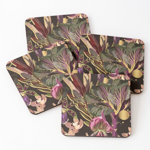 Item preview, Tropical floral seamless pattern background with exotic dark violet flowers, golden elements and leaves. designed and sold by MatyKotiv.