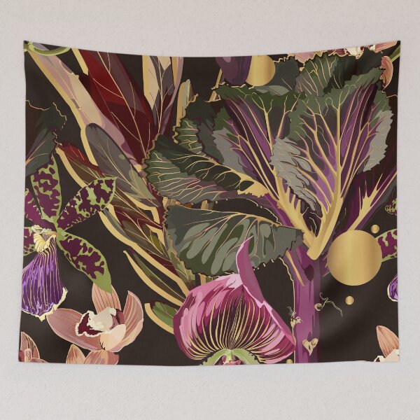 Item preview, Tropical floral seamless pattern background with exotic dark violet flowers, golden elements and leaves. designed and sold by MatyKotiv.