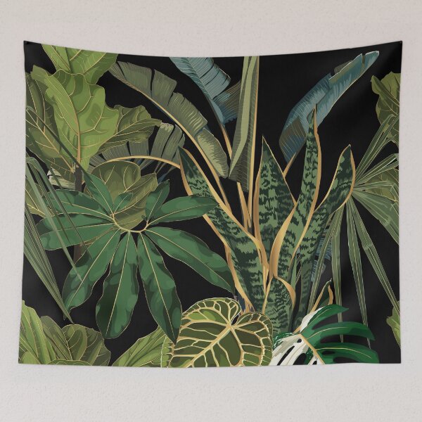 Item preview, Tropical night vintage palm, banana, plant, golden leaves, floral seamless border. designed and sold by MatyKotiv.