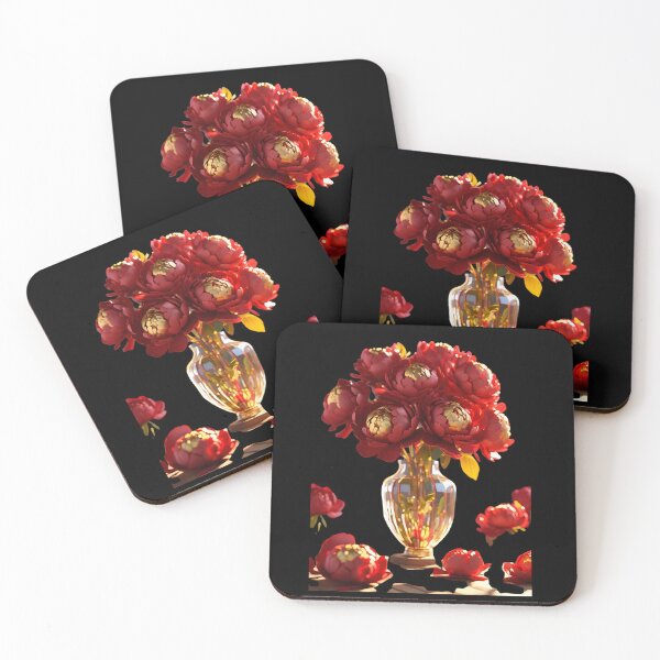Item preview, "Red Gold Peonies in Vase – 3D Elegant Sticker Design" designed and sold by Rainbow Paws Garden.