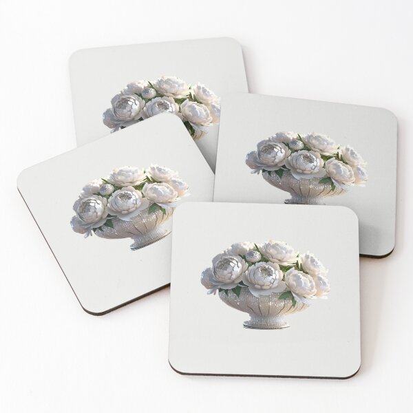 Item preview, silver white glitter Peonies in vase – 3D effect look Elegant sticker design designed and sold by Rainbow Paws Garden.