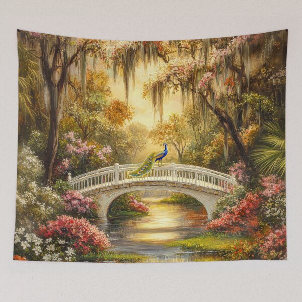 Item preview, Beautiful Peacock on a White Bridge, Southern Spring Scene  designed and sold by MargaretWiktor.