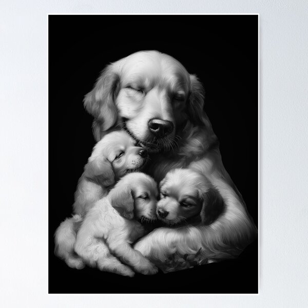 Artikel-Vorschau von Golden Retriever Mutter und Welpen B&W Portrait, designt und verkauft von DesignEverykind.