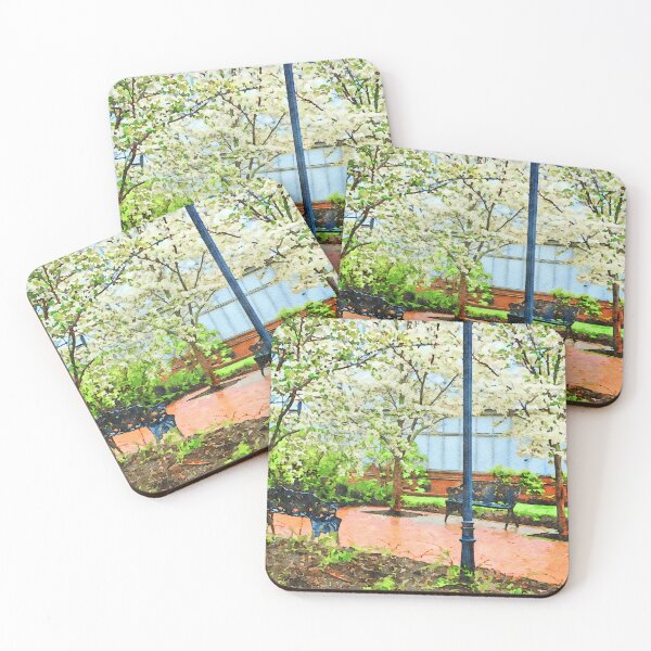 Item preview, Serene garden scene with benches and blossoming trees designed and sold by GestaltImagery.