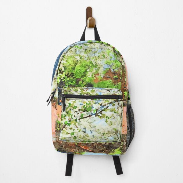 Item preview, Serene garden scene with benches and blossoming trees designed and sold by GestaltImagery.