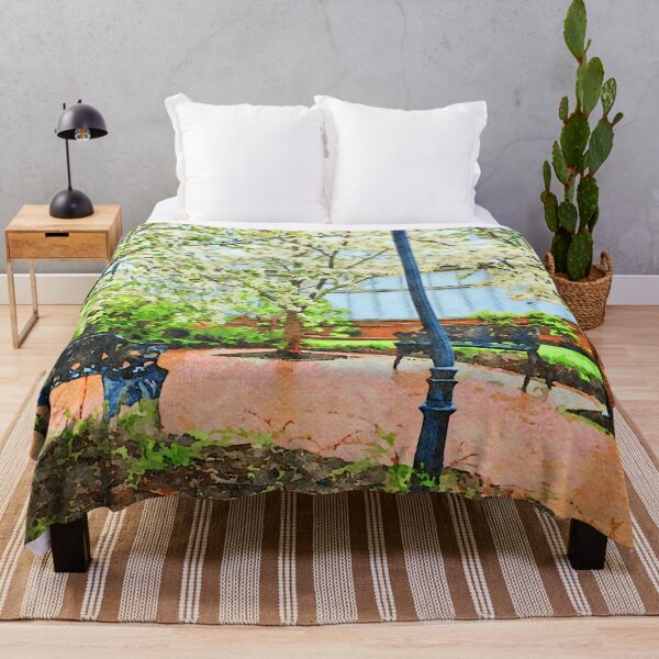 Item preview, Serene garden scene with benches and blossoming trees designed and sold by GestaltImagery.