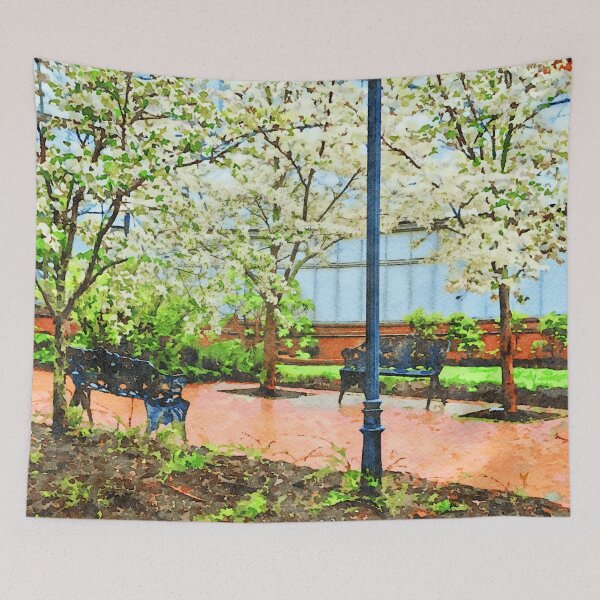 Item preview, Serene garden scene with benches and blossoming trees designed and sold by GestaltImagery.