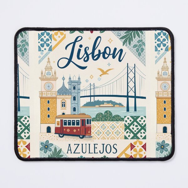 Item preview, Lisbon Azulejos Art Print - Vintage Tram, Belem Tower, and 25 de Abril Bridge Illustration designed and sold by Witsprings.