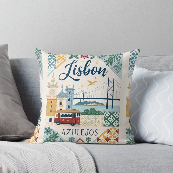 Item preview, Lisbon Azulejos Art Print - Vintage Tram, Belem Tower, and 25 de Abril Bridge Illustration designed and sold by Witsprings.
