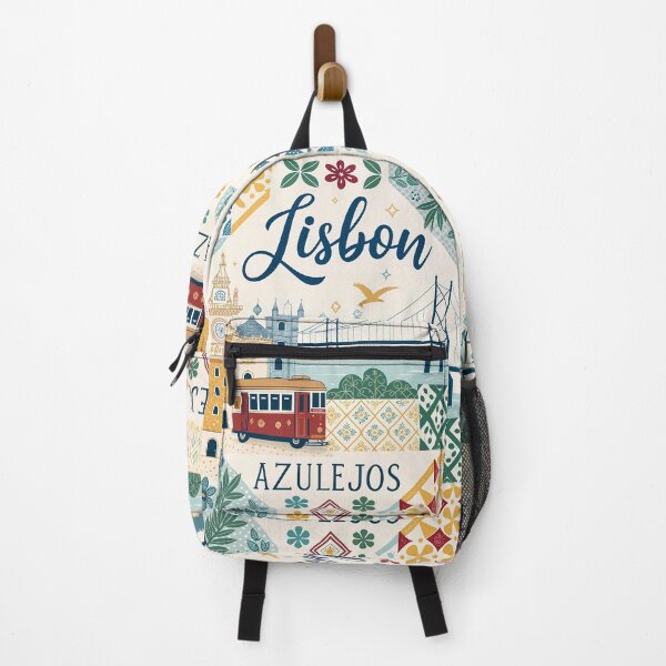 Item preview, Lisbon Azulejos Art Print - Vintage Tram, Belem Tower, and 25 de Abril Bridge Illustration designed and sold by Witsprings.