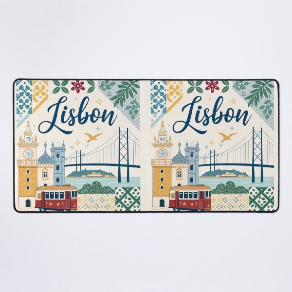 Item preview, Lisbon Azulejos Art Print - Vintage Tram, Belem Tower, and 25 de Abril Bridge Illustration designed and sold by Witsprings.