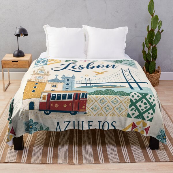 Item preview, Lisbon Azulejos Art Print - Vintage Tram, Belem Tower, and 25 de Abril Bridge Illustration designed and sold by Witsprings.