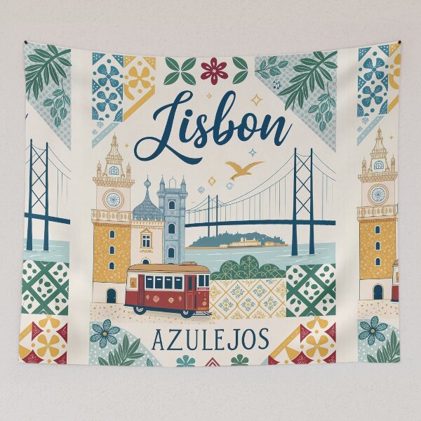Item preview, Lisbon Azulejos Art Print - Vintage Tram, Belem Tower, and 25 de Abril Bridge Illustration designed and sold by Witsprings.