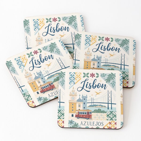 Item preview, Lisbon Azulejos Art Print - Vintage Tram, Belem Tower, and 25 de Abril Bridge Illustration designed and sold by Witsprings.