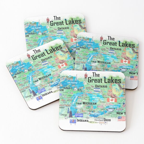 Item preview, Great Lakes Canada USA Illustrated Travel Poster Favorite Map with Roads and Tourist Highlights designed and sold by artshop77.