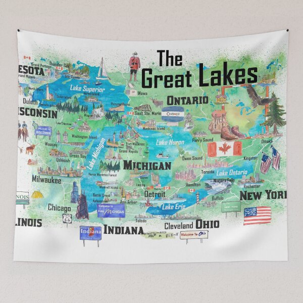 Item preview, Great Lakes Canada USA Illustrated Travel Poster Favorite Map with Roads and Tourist Highlights designed and sold by artshop77.