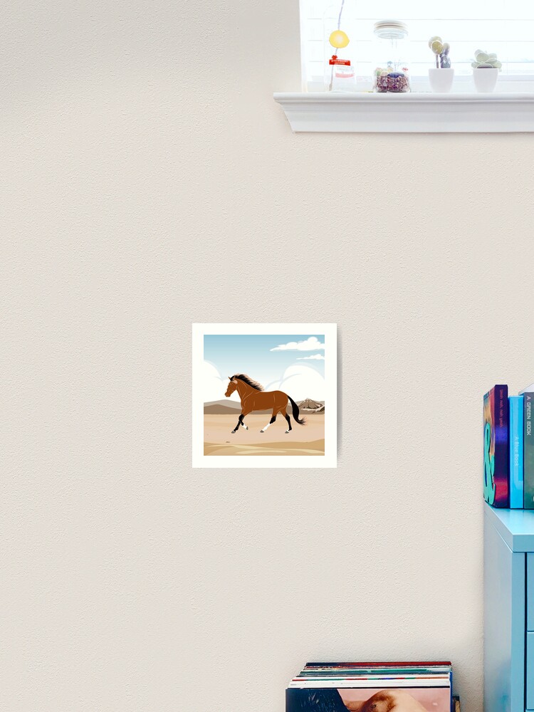 Aperçu 1 sur 3. Impression artistique avec l'œuvre Cheval Barbe, cheval bai sur un fond de paysage, cheval de selle, races de chevaux du Maroc créée et vendue par WebEquitation.