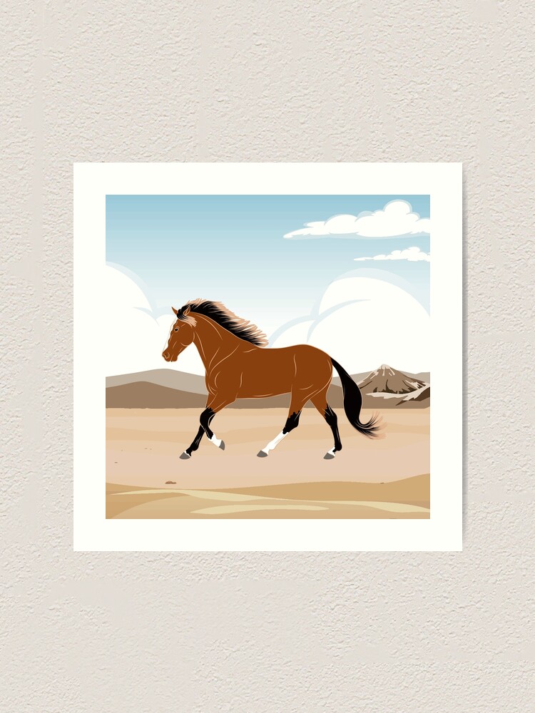Aperçu 2 sur 3. Impression artistique avec l'œuvre Cheval Barbe, cheval bai sur un fond de paysage, cheval de selle, races de chevaux du Maroc créée et vendue par WebEquitation.