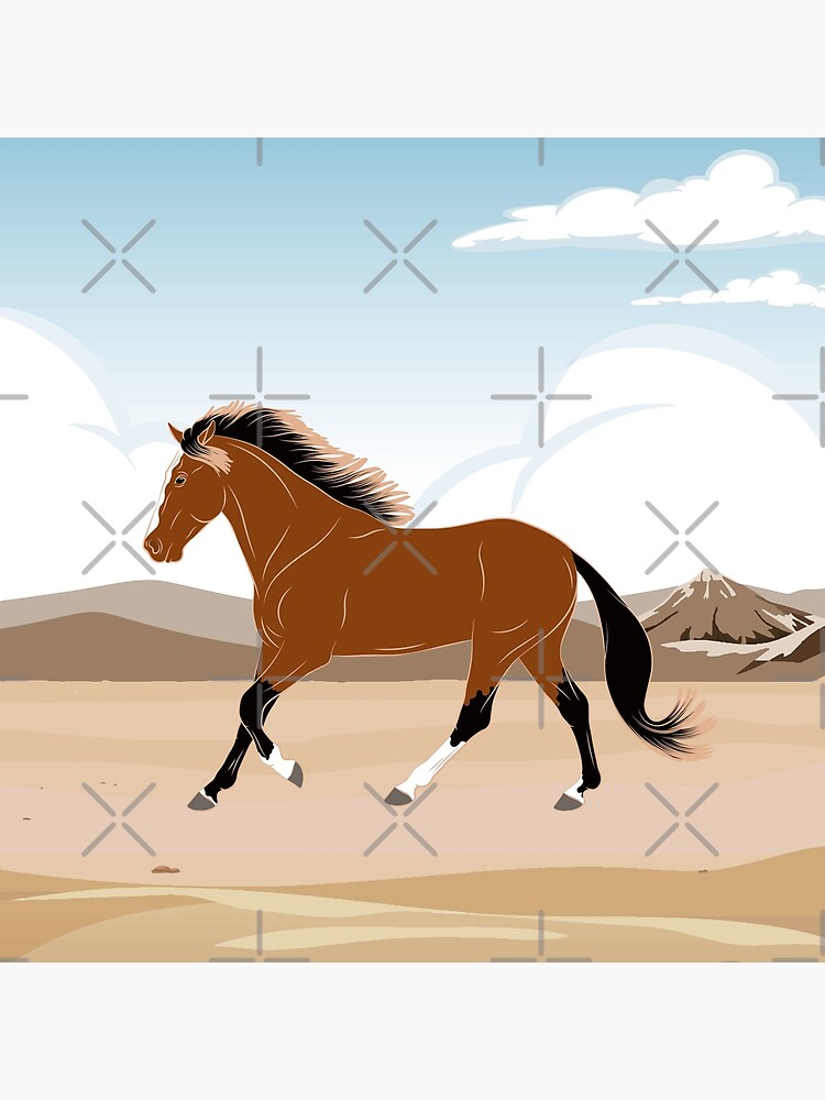 Aperçu 3 sur 3. Impression artistique avec l'œuvre Cheval Barbe, cheval bai sur un fond de paysage, cheval de selle, races de chevaux du Maroc créée et vendue par WebEquitation.