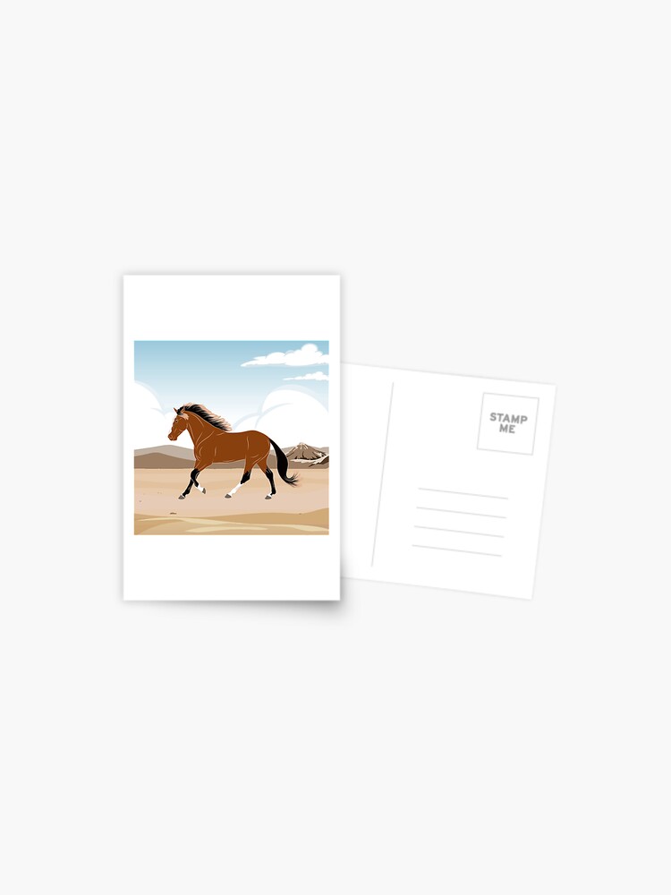 Aperçu 1 sur 2. Carte postale avec l'œuvre Cheval Barbe, cheval bai sur un fond de paysage, cheval de selle, races de chevaux du Maroc créée et vendue par WebEquitation.