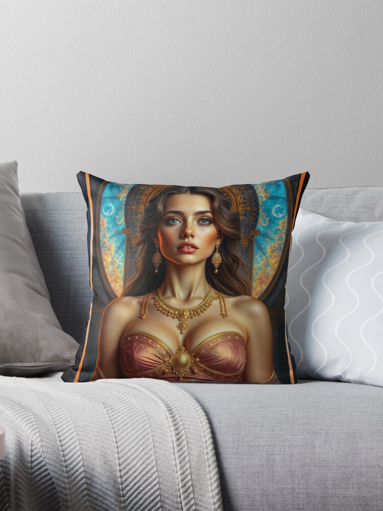 A Classic Glamour Portrait Of Elisaveta Araminta In Luxurious Rose and Gold Stunning AI Concept Art by Xzendor7 Decorative Art Print Throw Pillow