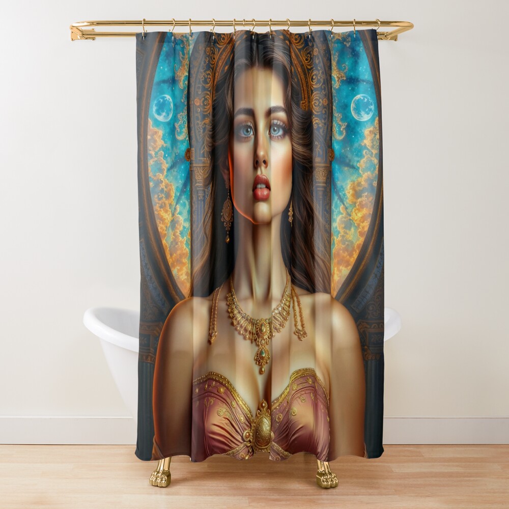 A Classic Glamour Portrait Of Elisaveta Araminta In Luxurious Rose and Gold Stunning AI Concept Art by Xzendor7 Decorative Art Print Shower Curtain