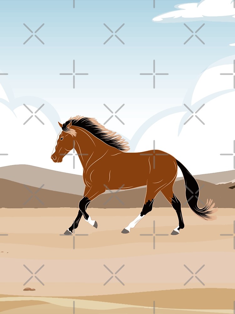 Aperçu 6 sur 6. Top duo avec l'œuvre Cheval Barbe, cheval bai sur un fond de paysage, cheval de selle, races de chevaux du Maroc créée et vendue par WebEquitation.