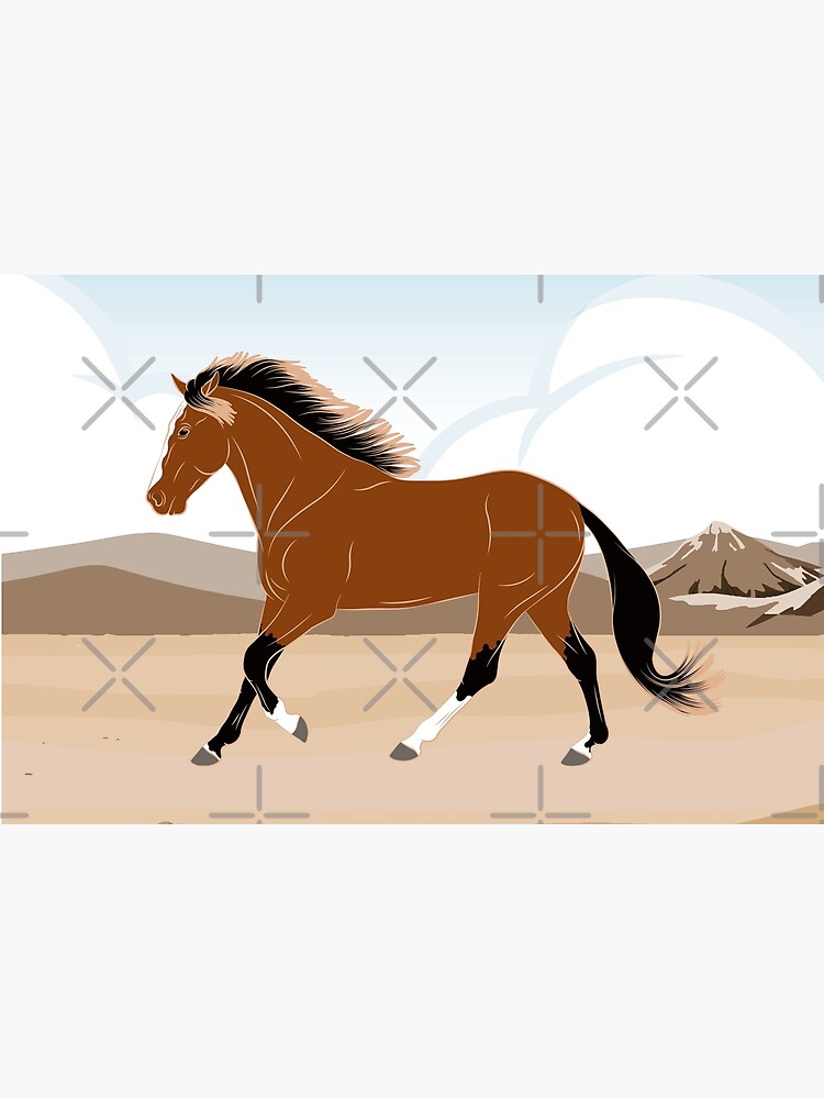 Aperçu 6 sur 6. Tapis de bain avec l'œuvre Cheval Barbe, cheval bai sur un fond de paysage, cheval de selle, races de chevaux du Maroc créée et vendue par WebEquitation.