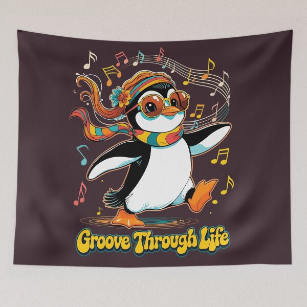 Item preview, Groove Through Life - Groovy Penguin Boho 70s Art | LaLi Designs designed and sold by LaLi-Designs.