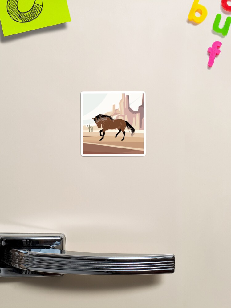 Aperçu 1 sur 3. Magnet avec l'œuvre Cheval Barbe Espagnol, cheval rouanné sur un fond de paysage, cheval de selle, races de chevaux des États Unis créée et vendue par WebEquitation.