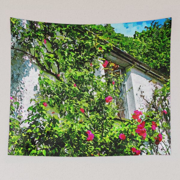 Item preview, Charming cottage with blooming roses and vibrant greenery designed and sold by GestaltImagery.