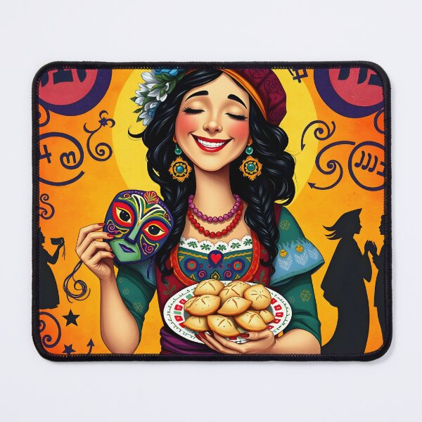 Item preview, happy purim illustration with girl with mask and hamantaschen cookie designed and sold by EmeraldeaArt.