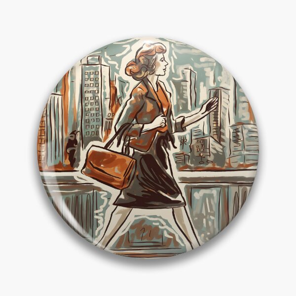 Item preview, retro brown costume woman walking against big city backdrop doodle lineart designed and sold by EmeraldeaArt.