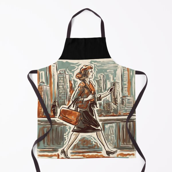 Item preview, retro brown costume woman walking against big city backdrop doodle lineart designed and sold by EmeraldeaArt.