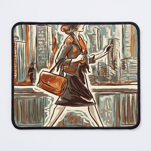 Item preview, retro brown costume woman walking against big city backdrop doodle lineart designed and sold by EmeraldeaArt.